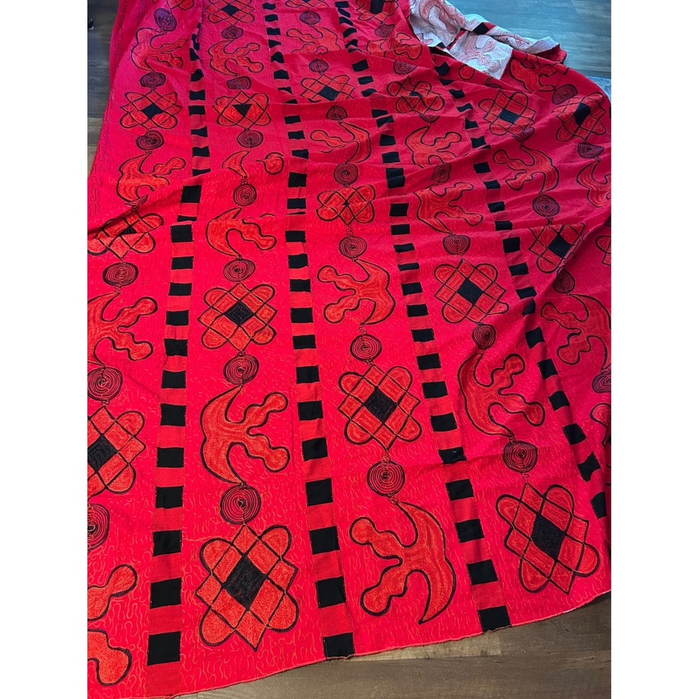 Red Black Quilted King Size Bedspread Embroidered Geometric Global Coverlet